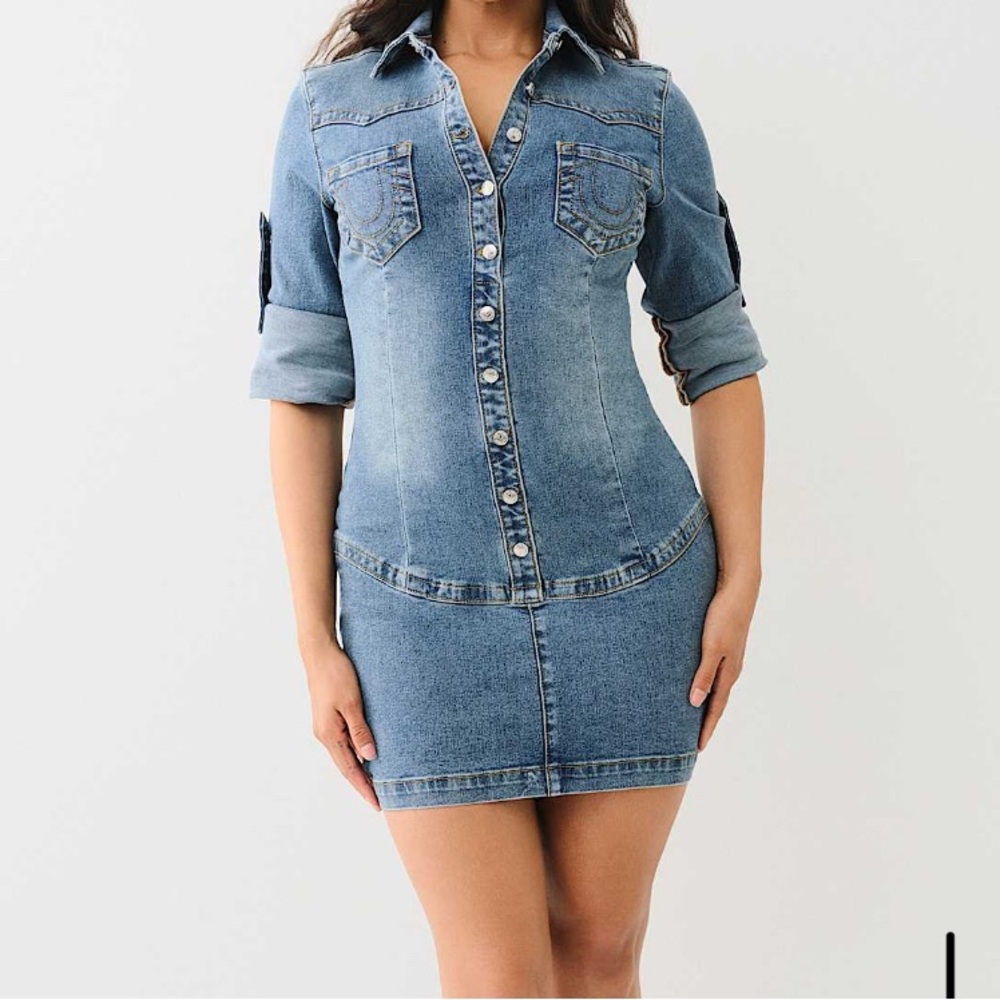 Women’s True Religion y2k mini denim shirt dress Sz xl